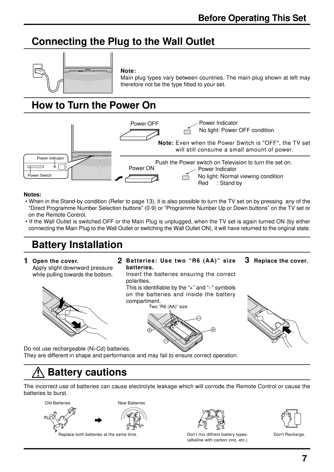 Panasonic TX-47P600X Connecting the Plug to the Wall Outlet, How to Turn the Power On, Battery Installation 