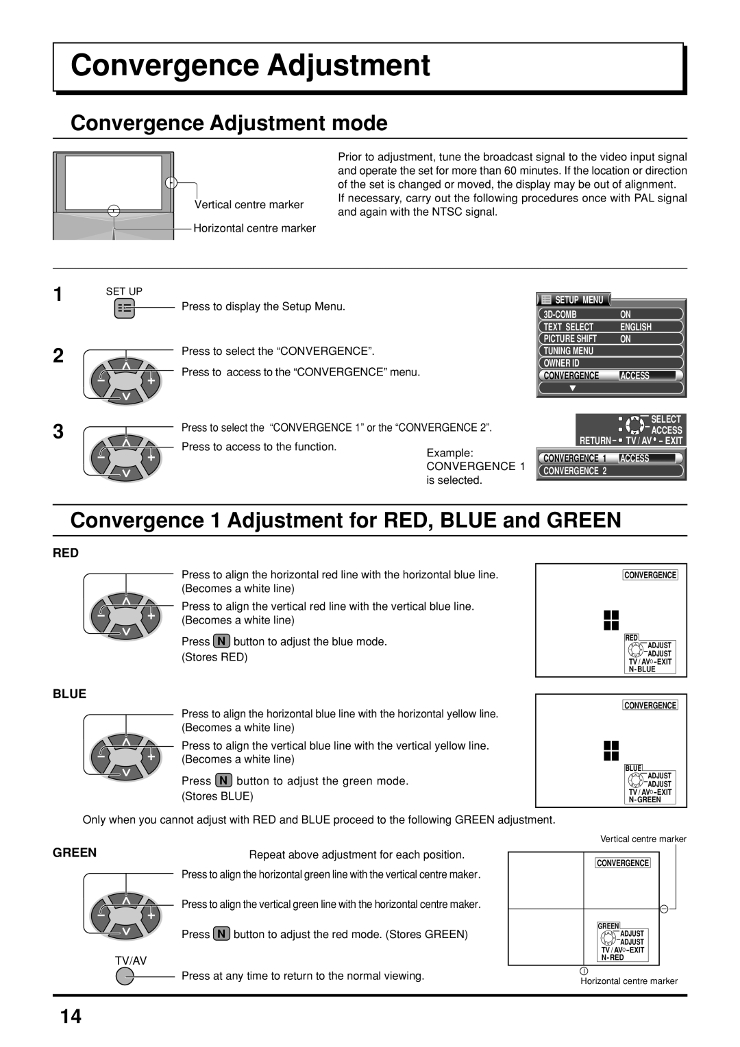 Panasonic TX-47P800H Convergence Adjustment mode, Convergence 1 Adjustment for RED, Blue and Green 