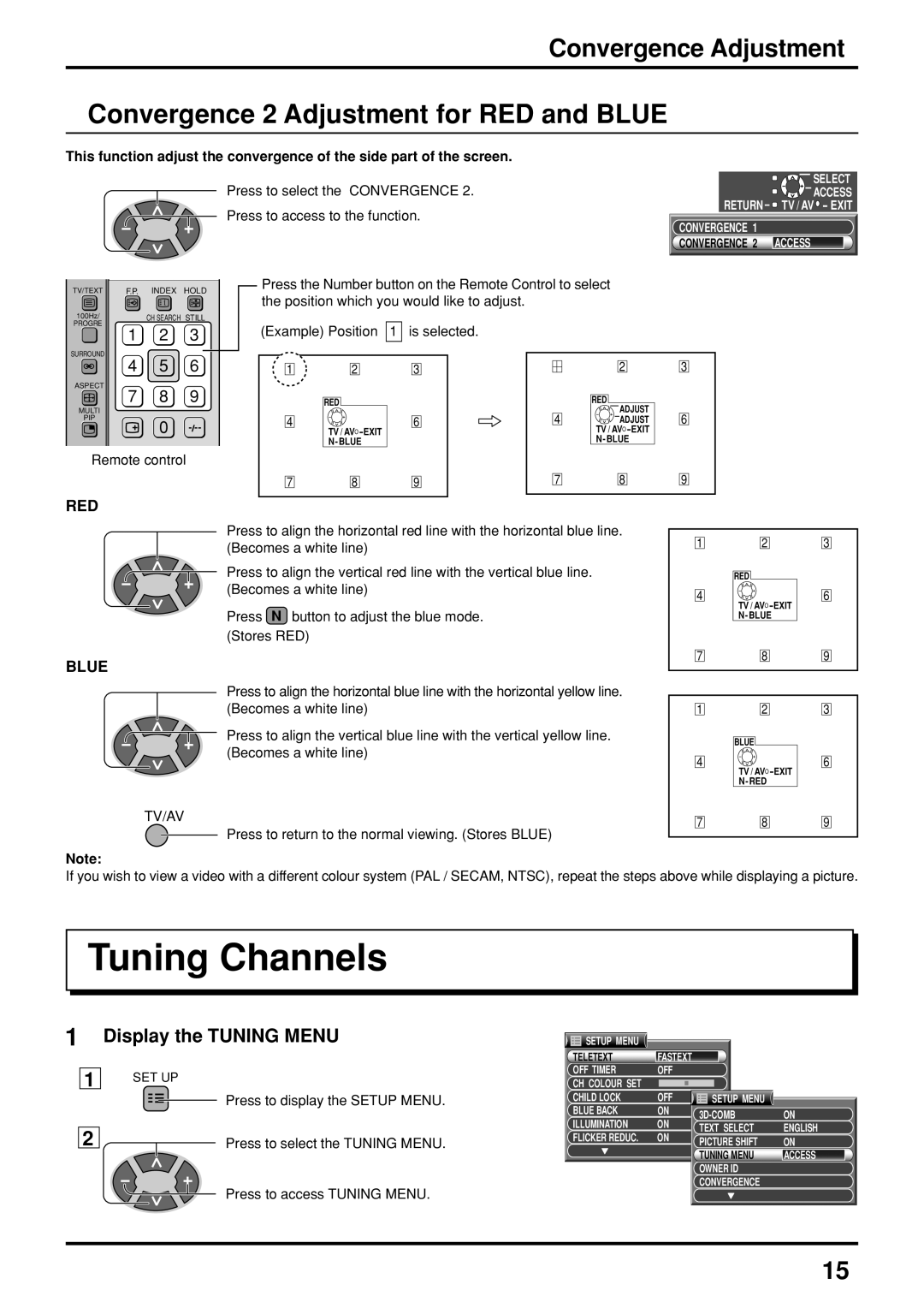 Panasonic TX-47P800H operating instructions Tuning Channels, Convergence 2 Adjustment for RED and Blue 