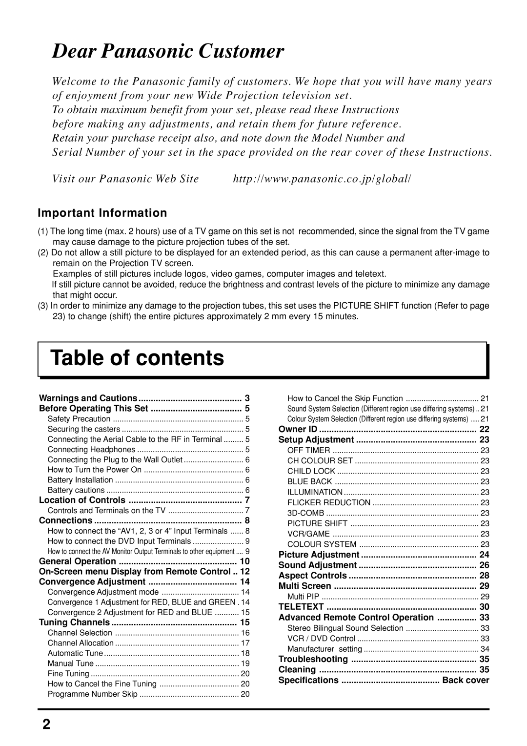 Panasonic TX-47P800H operating instructions Table of contents 