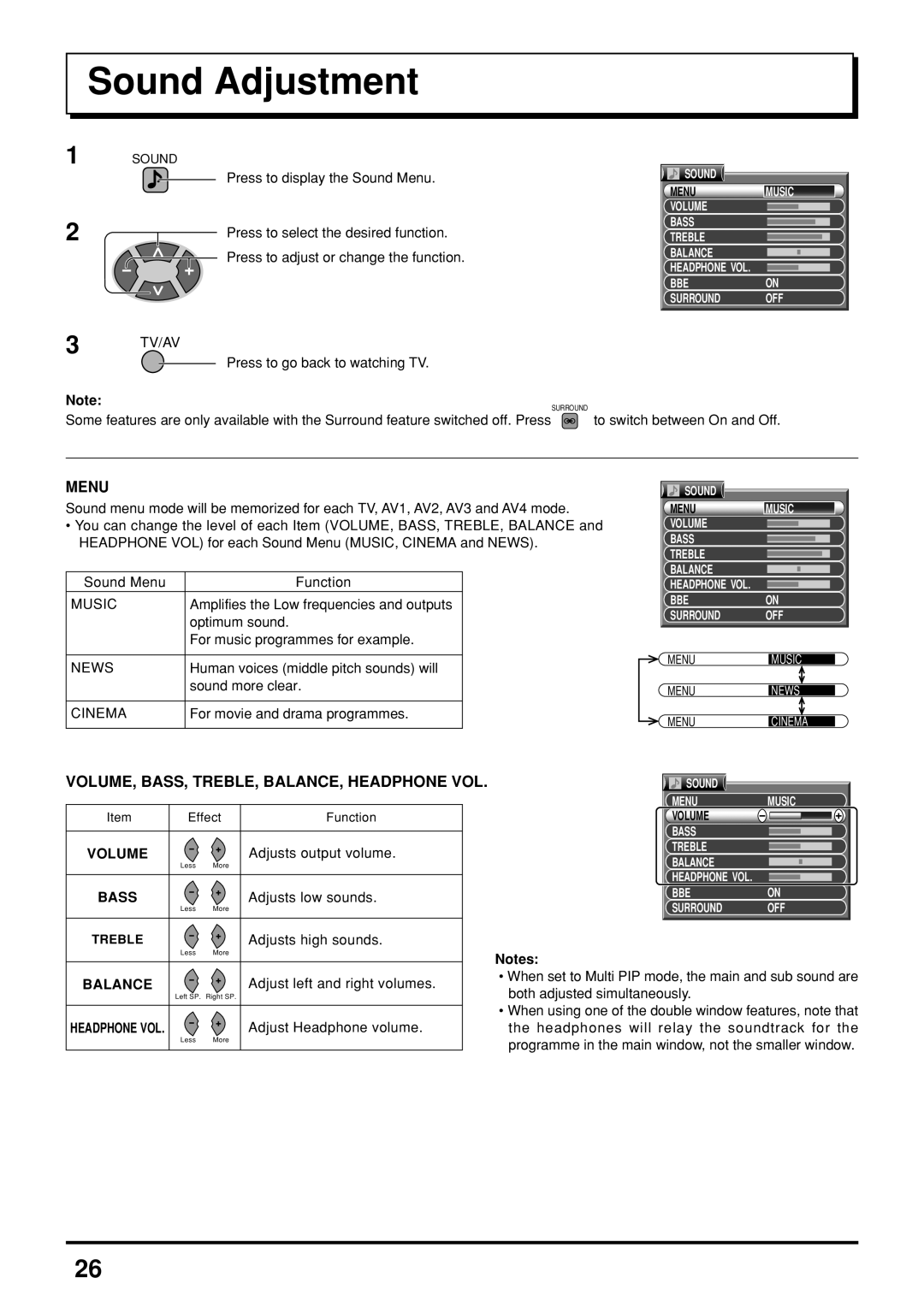 Panasonic TX-47P800H operating instructions Sound Adjustment, Music 