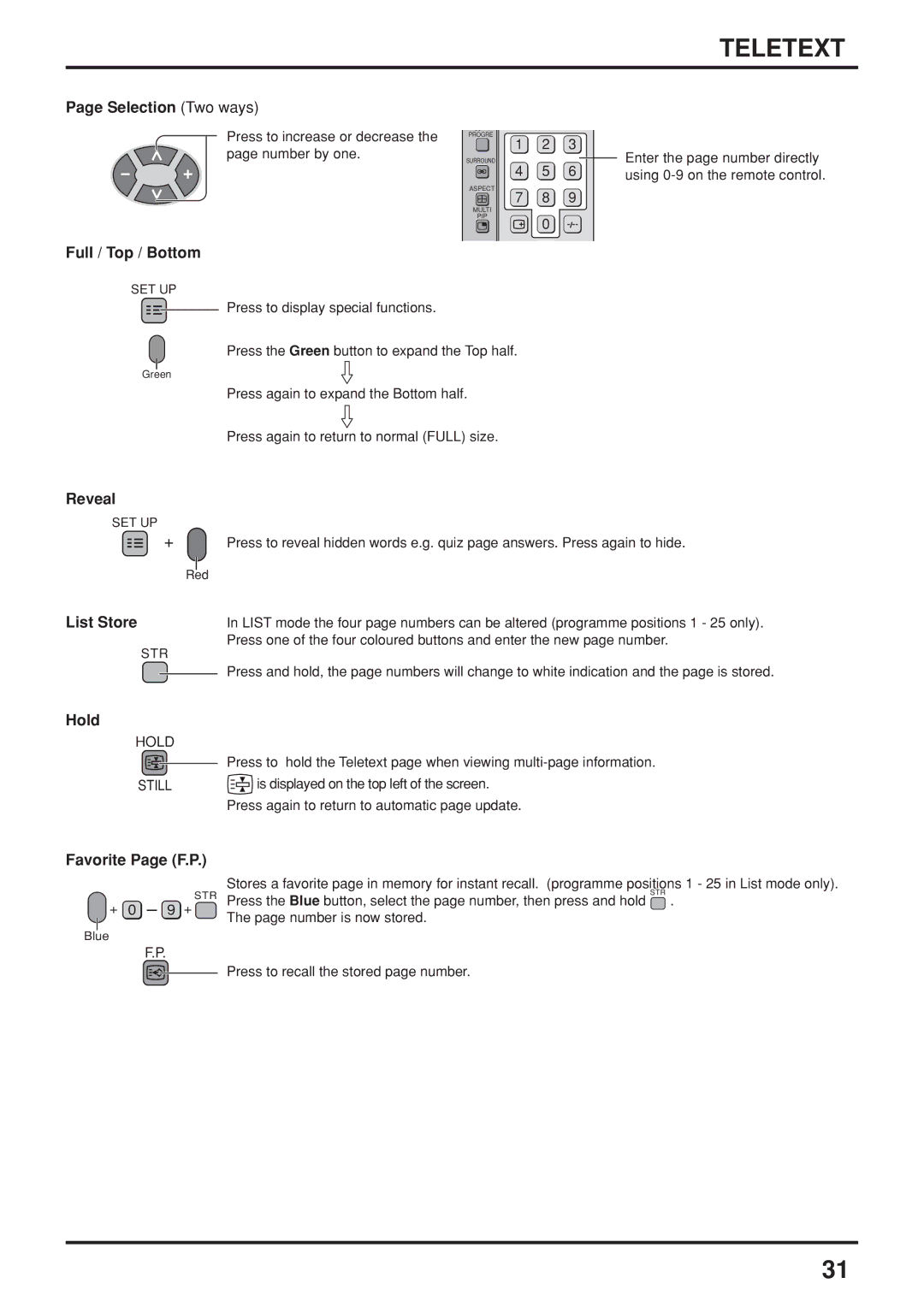 Panasonic TX-47P800H Selection Two ways, FulI / Top / Bottom, Reveal, List Store, Hold, Favorite Page F.P 