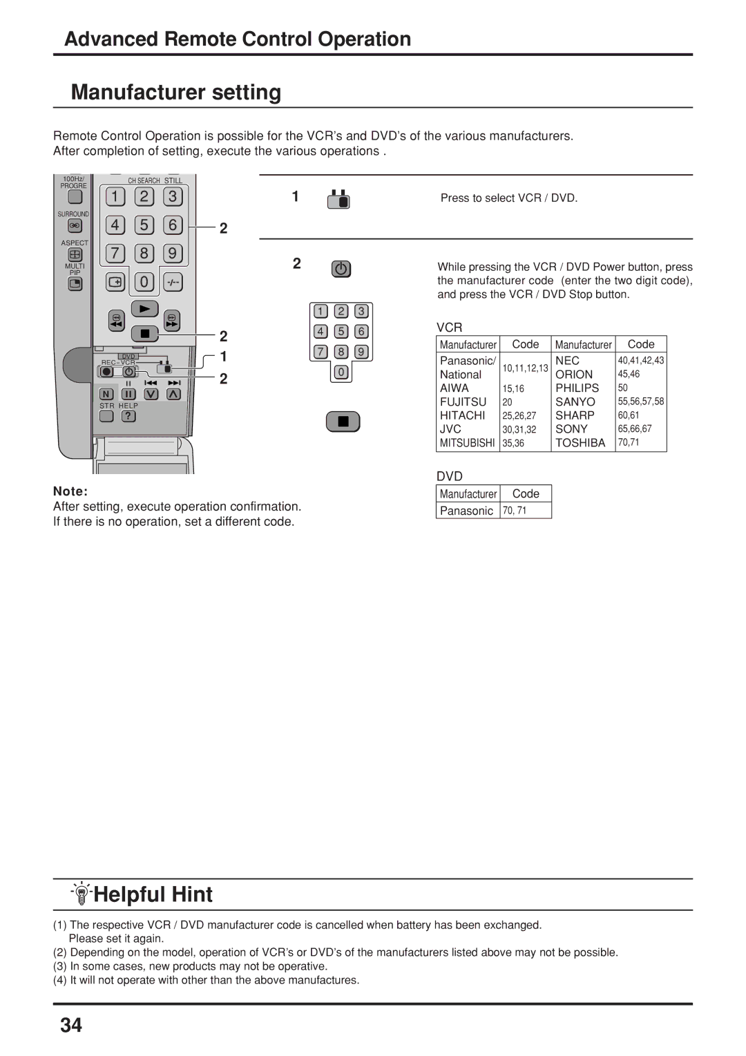 Panasonic TX-47P800H operating instructions Manufacturer setting, Vcr 