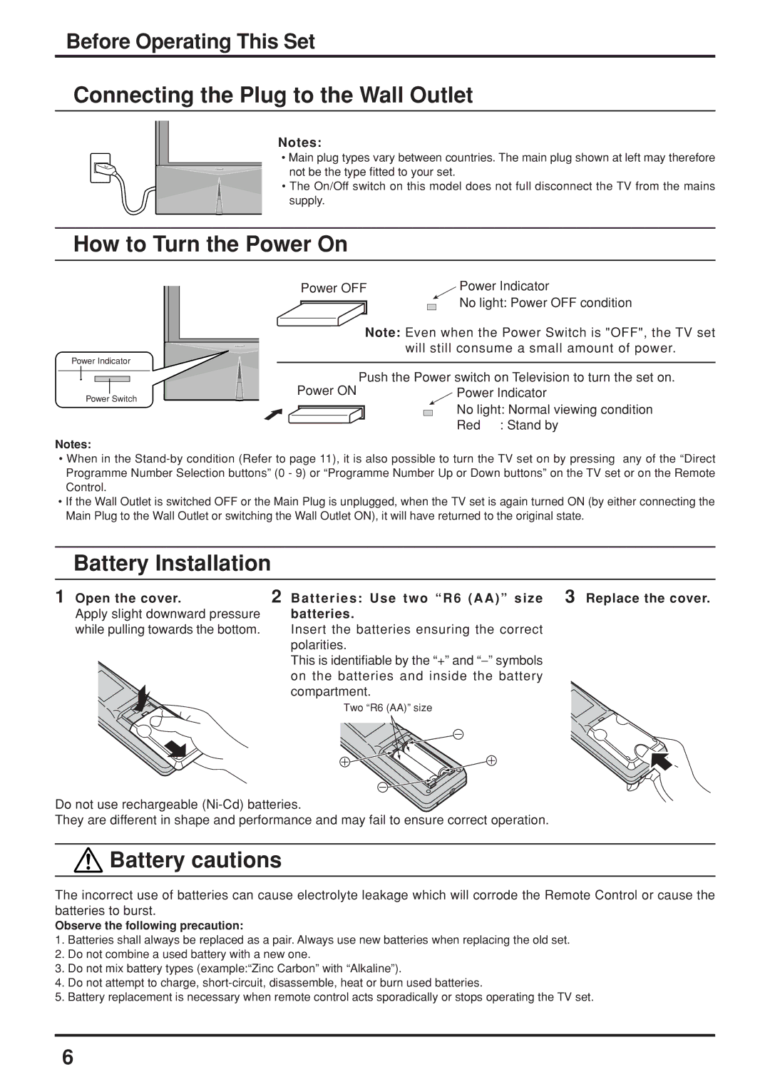 Panasonic TX-47P800H Connecting the Plug to the Wall Outlet, How to Turn the Power On, Battery Installation, Batteries 