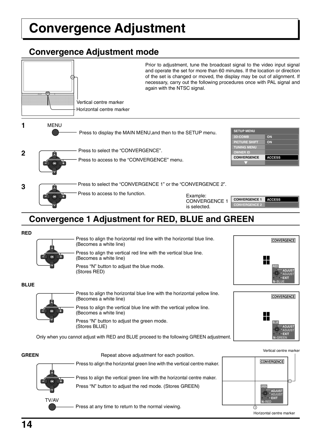 Panasonic TX-47P950A Convergence Adjustment mode, Convergence 1 Adjustment for RED, Blue and Green 