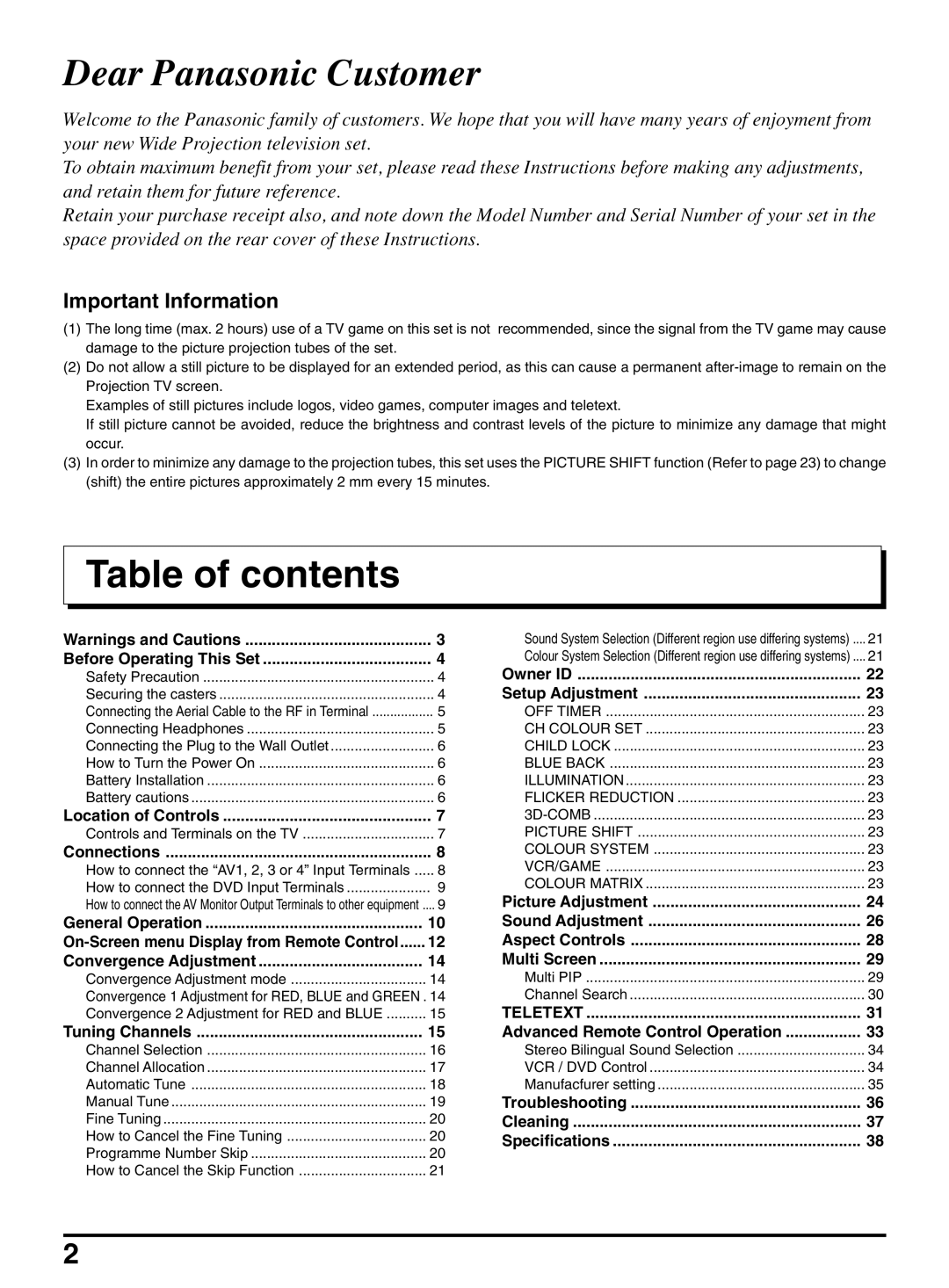 Panasonic TX-47P950A operating instructions Table of contents 