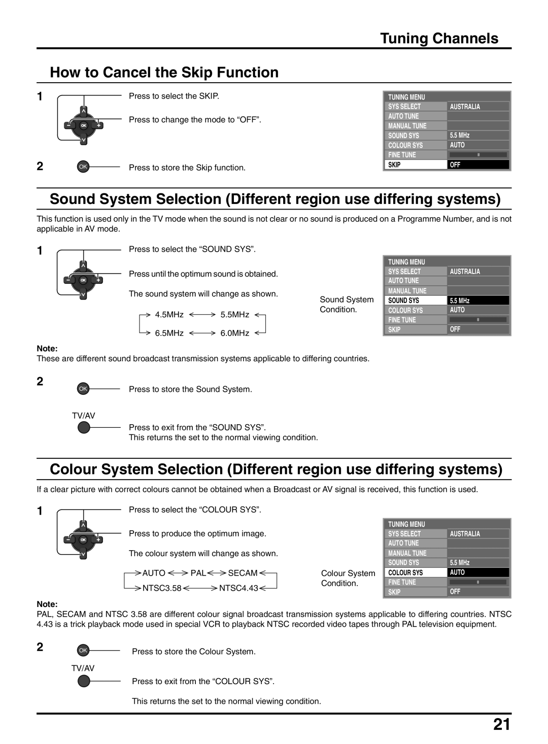 Panasonic TX-47P950A Tuning Channels How to Cancel the Skip Function, 5MHz5.5MHz 5MHz6.0MHz Sound System Condition 