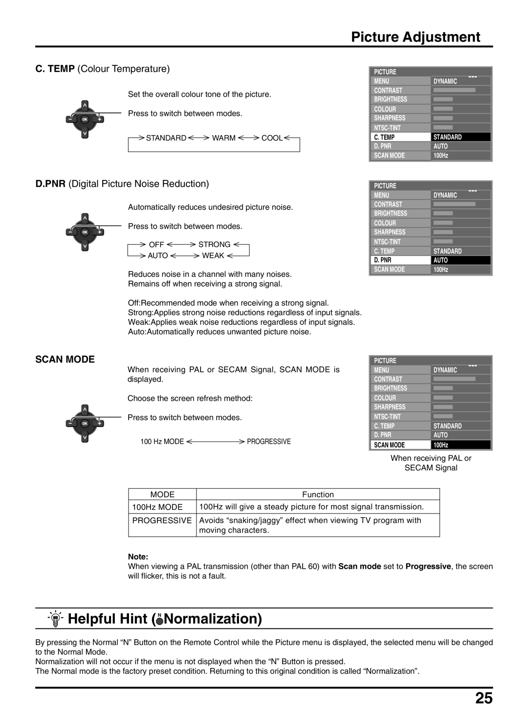 Panasonic TX-47P950A Picture Adjustment, Helpful Hint N Normalization, Secam Signal, Mode, Progressive 