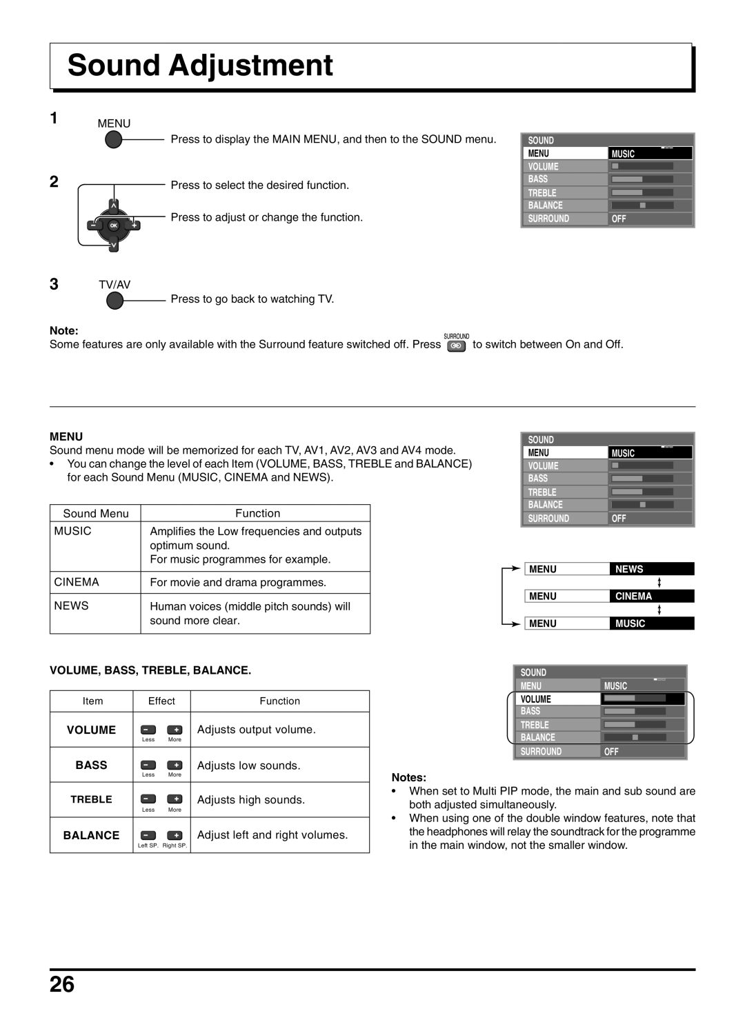 Panasonic TX-47P950A operating instructions Sound Adjustment, VOLUME, BASS, TREBLE, Balance, Volume, Bass 