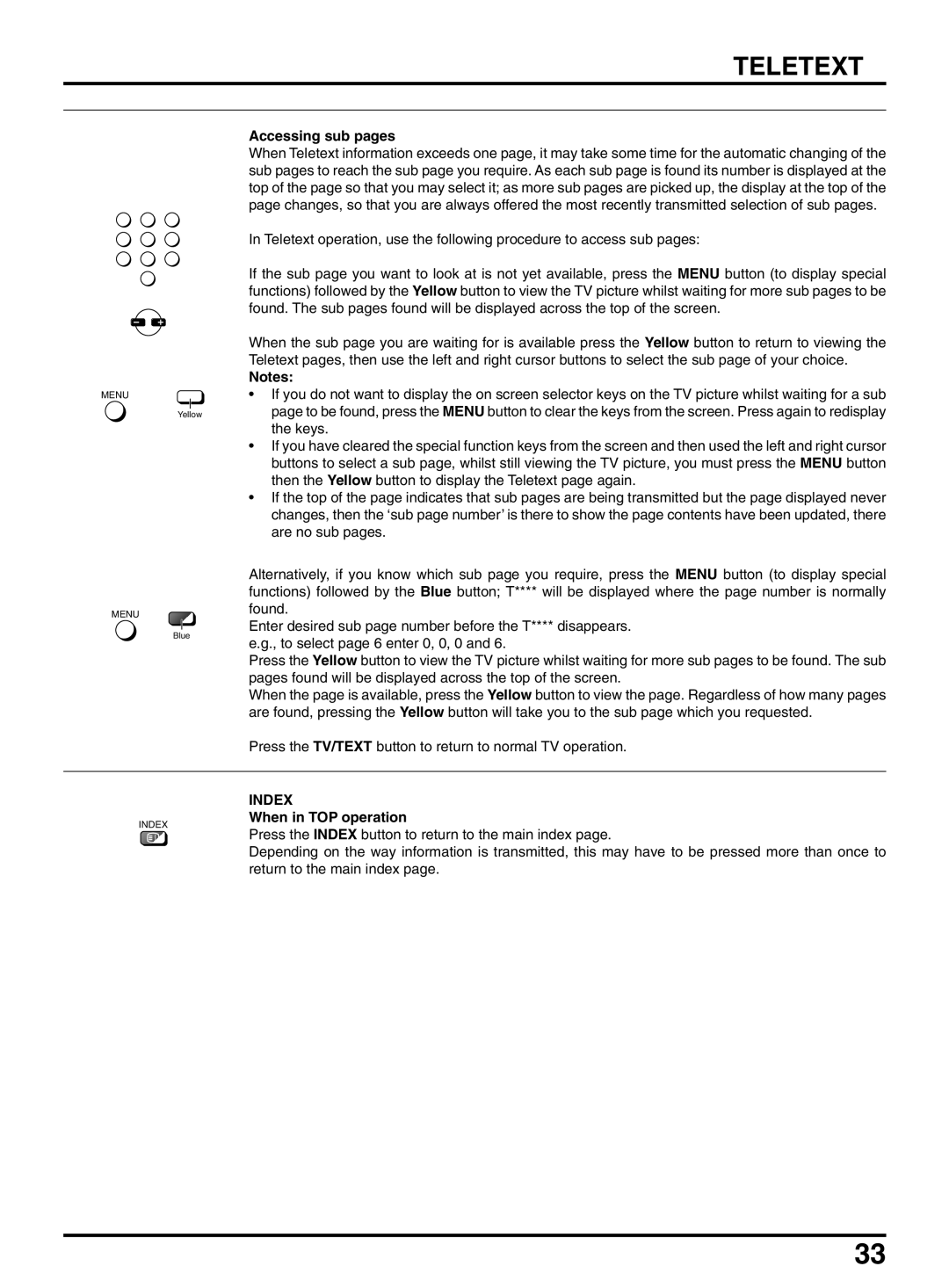 Panasonic TX-47P950A operating instructions Accessing sub pages, Index, When in TOP operation 