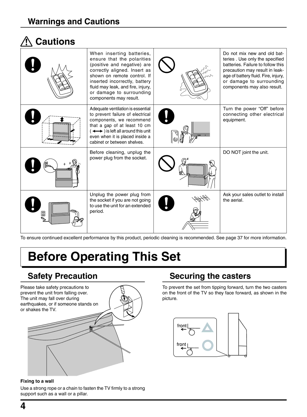 Panasonic TX-47P950A Before Operating This Set, Safety Precaution Securing the casters, Fixing to a wall 