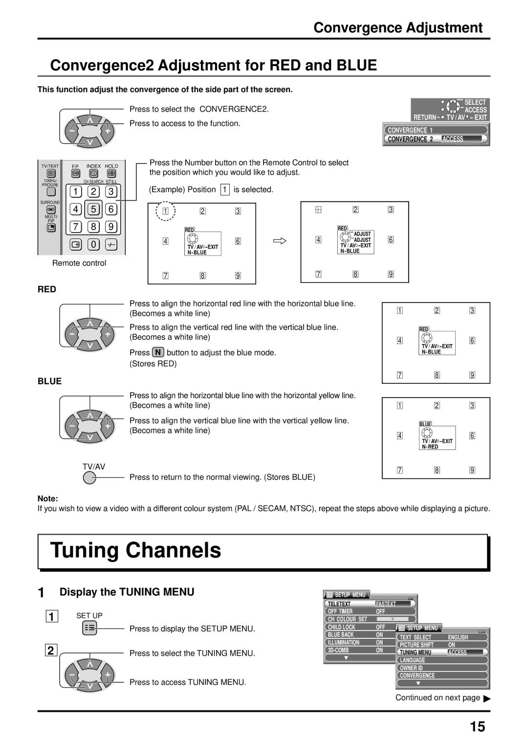 Panasonic TX-43P800H, TX-51P800X Tuning Channels, Convergence2 Adjustment for RED and Blue, Convergence Adjustment 