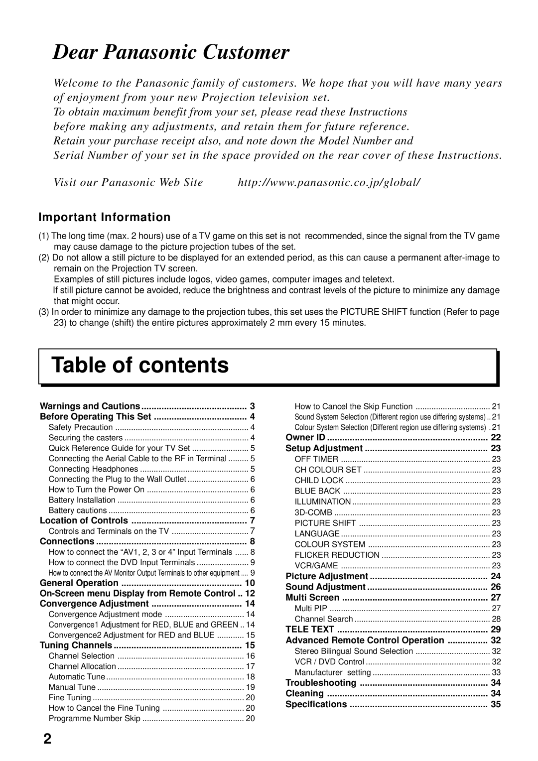 Panasonic TX-43P800X, TX-51P800X, TX-51P800H, TX-43P800H instruction manual Table of contents 