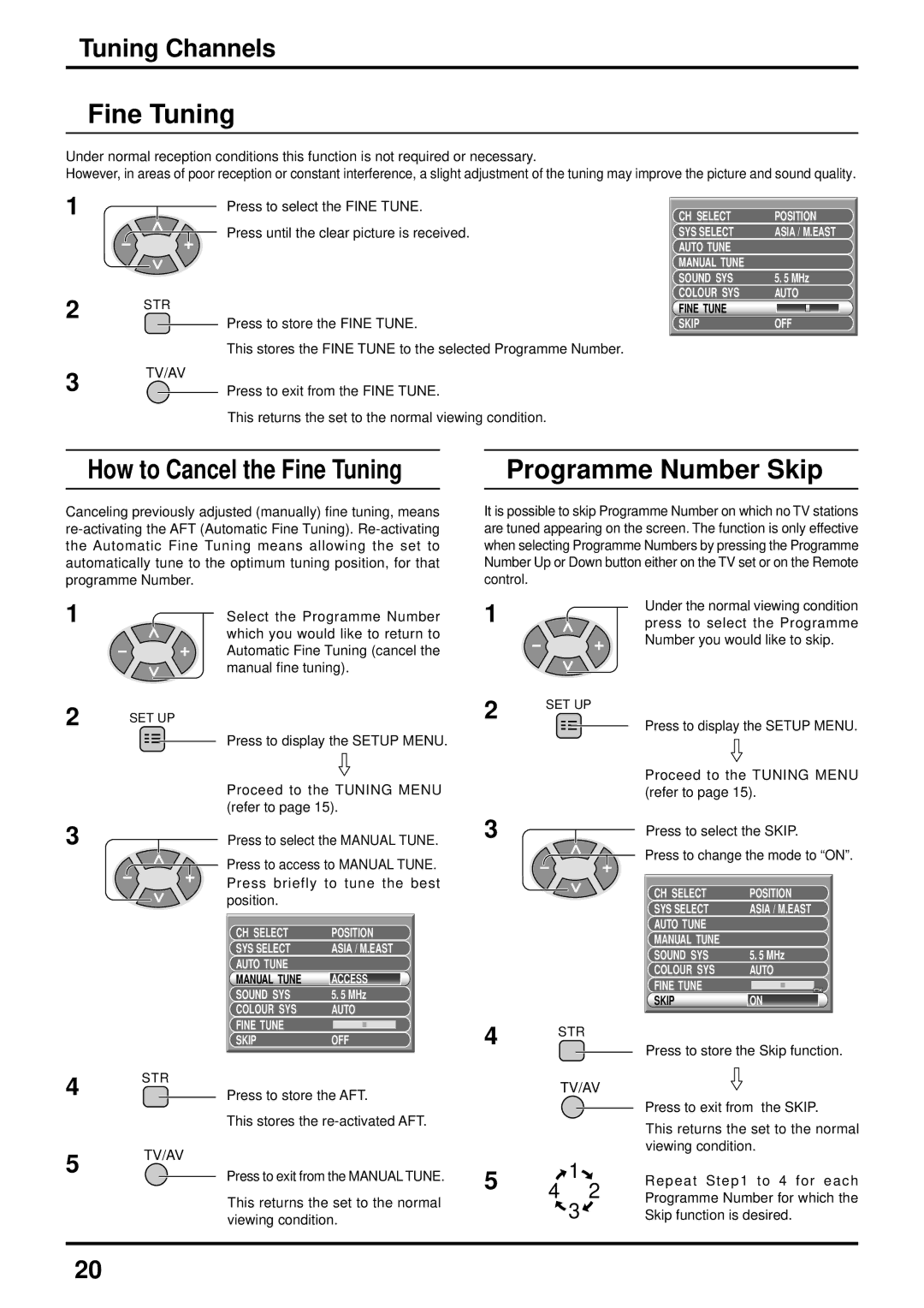 Panasonic TX-51P800X, TX-51P800H, TX-43P800X, TX-43P800H instruction manual Fine Tuning, Programme Number Skip 