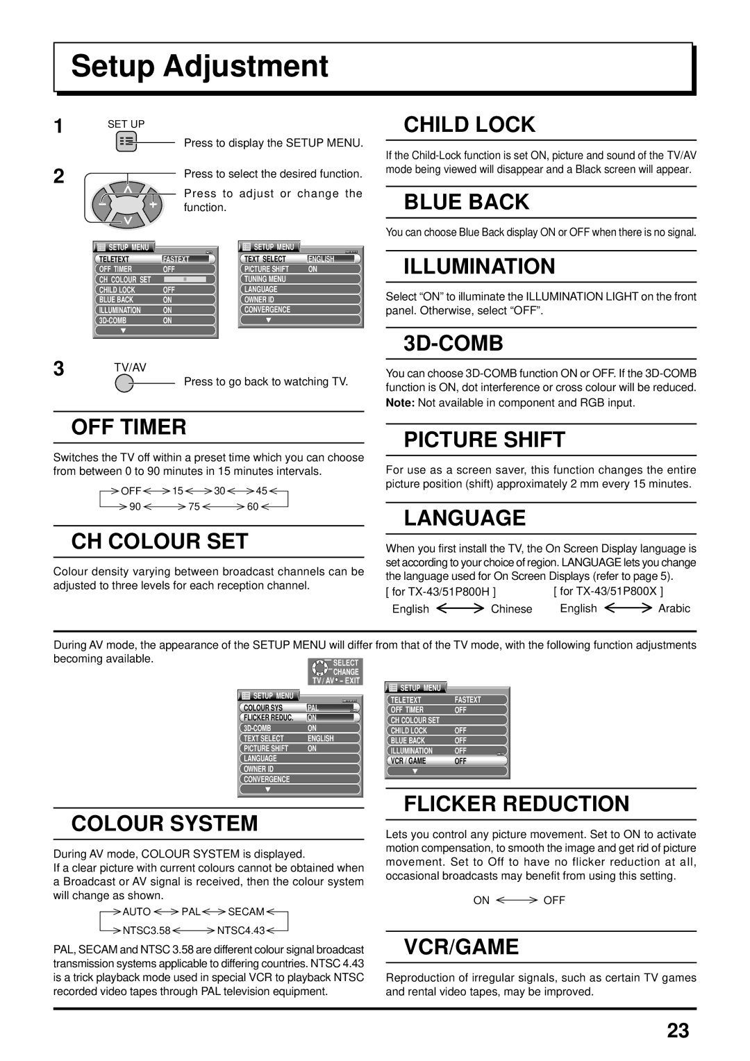 Panasonic TX-43P800H, TX-51P800X, TX-51P800H, TX-43P800X instruction manual Setup Adjustment, Child Lock 