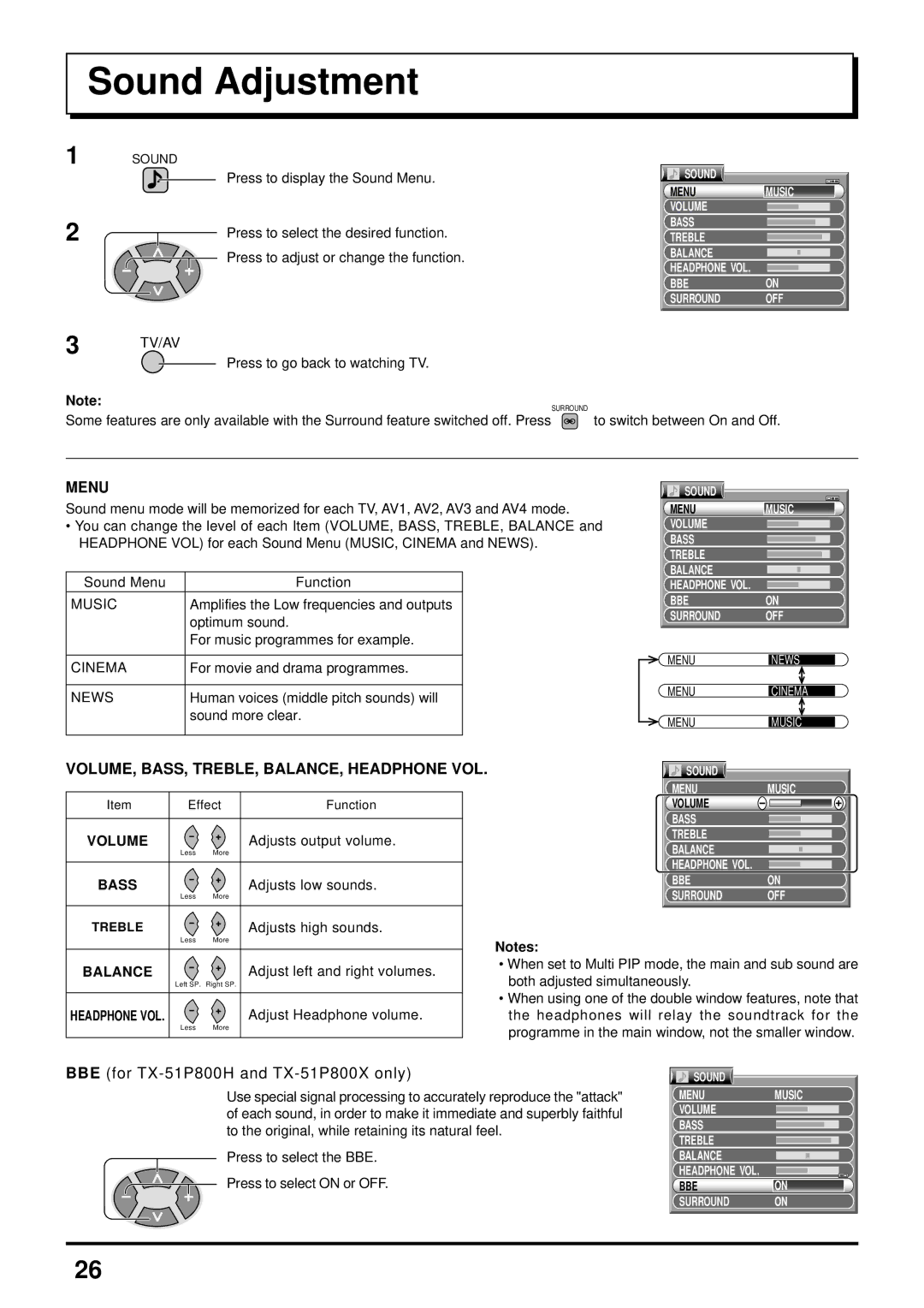 Panasonic TX-43P800X, TX-51P800X, TX-51P800H, TX-43P800H instruction manual Sound Adjustment, Balance 