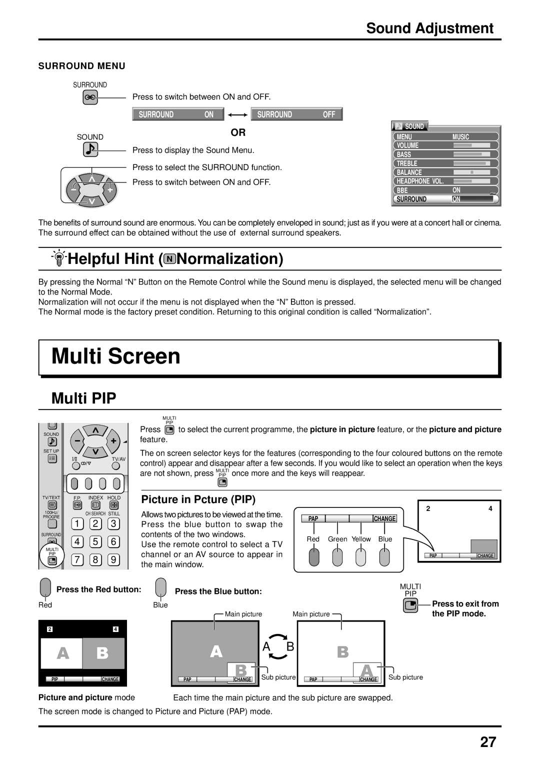 Panasonic TX-43P800H, TX-51P800X, TX-51P800H, TX-43P800X Multi Screen, Multi PIP, Sound Adjustment, Surround Menu 