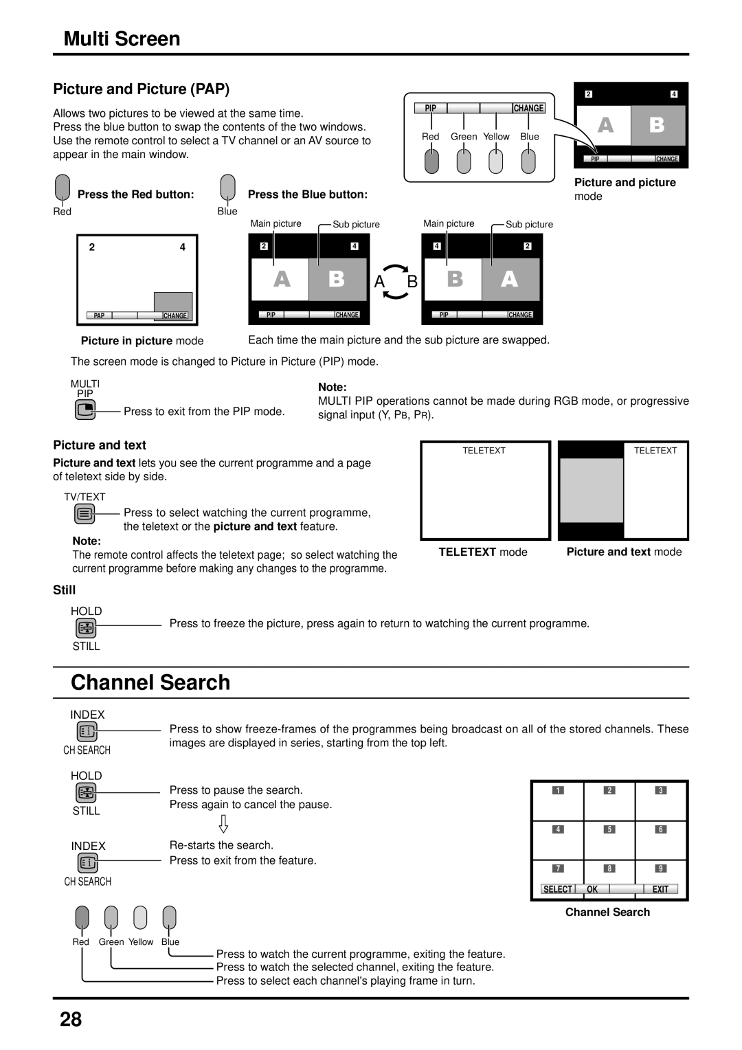 Panasonic TX-51P800X, TX-51P800H, TX-43P800X, TX-43P800H Channel Search, Multi Screen, Picture and text, Still 