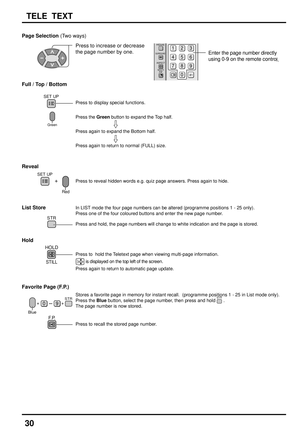 Panasonic TX-43P800X, TX-51P800X Selection Two ways, FulI / Top / Bottom, Reveal, List Store, Hold, Favorite Page F.P 