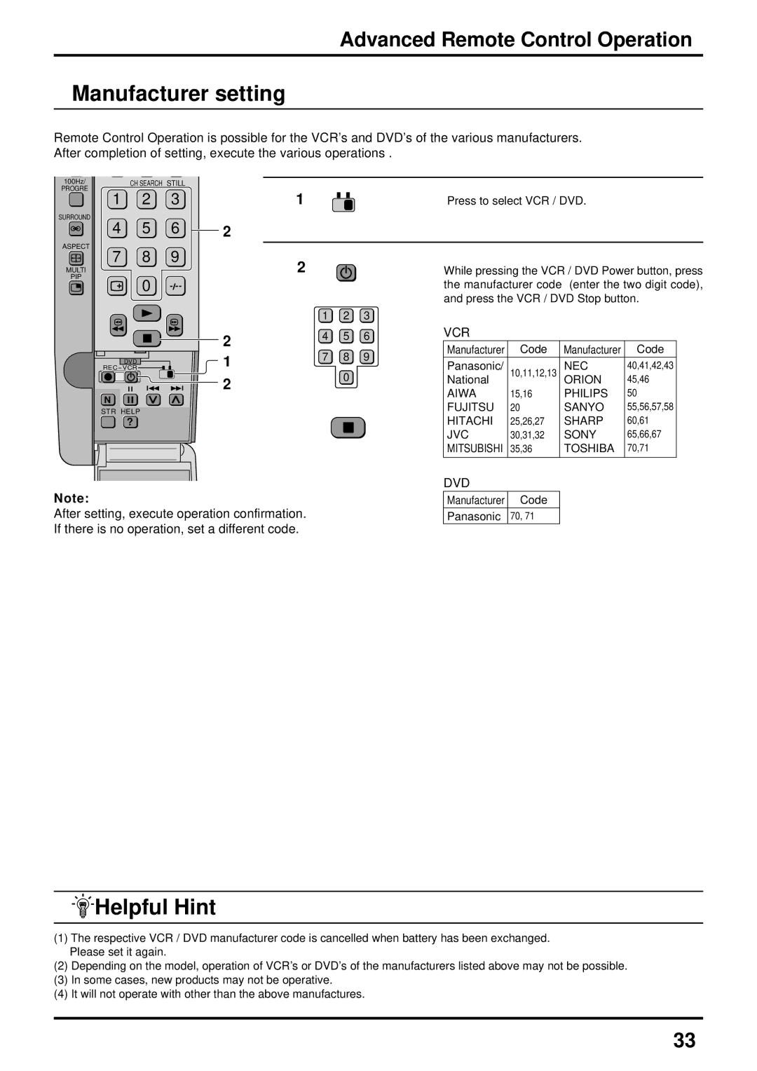 Panasonic TX-51P800H, TX-51P800X, TX-43P800X, TX-43P800H Manufacturer setting, Advanced Remote Control Operation, Vcr, Dvd 