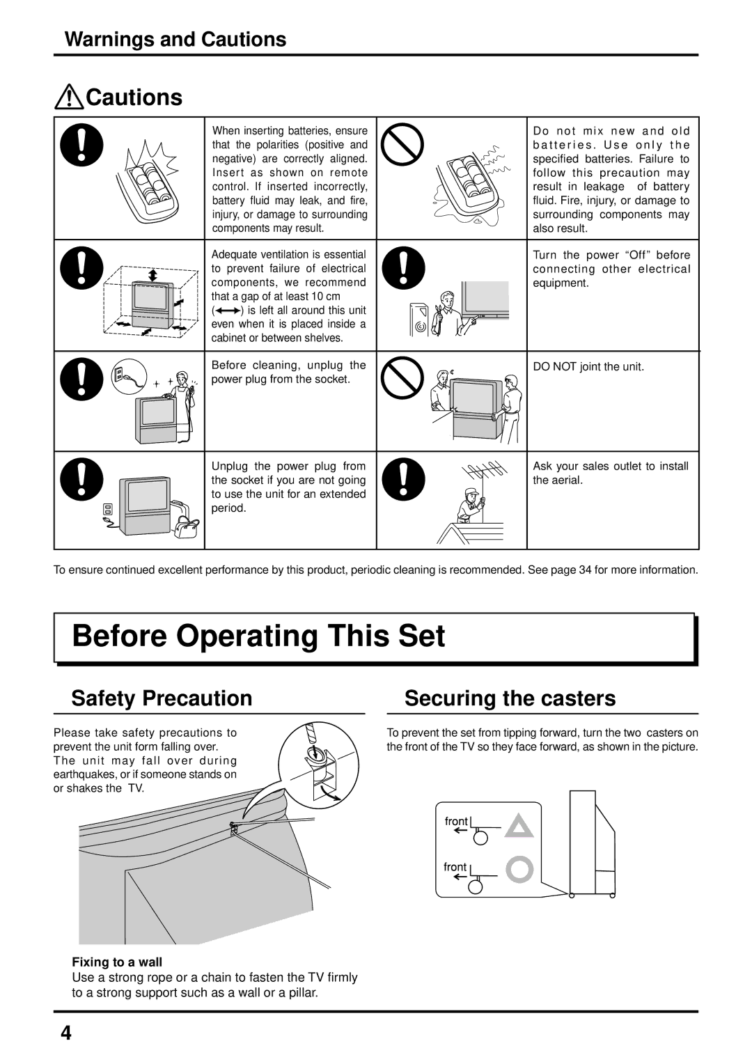 Panasonic TX-51P800X, TX-51P800H Before Operating This Set, Safety Precaution Securing the casters, Fixing to a wall 