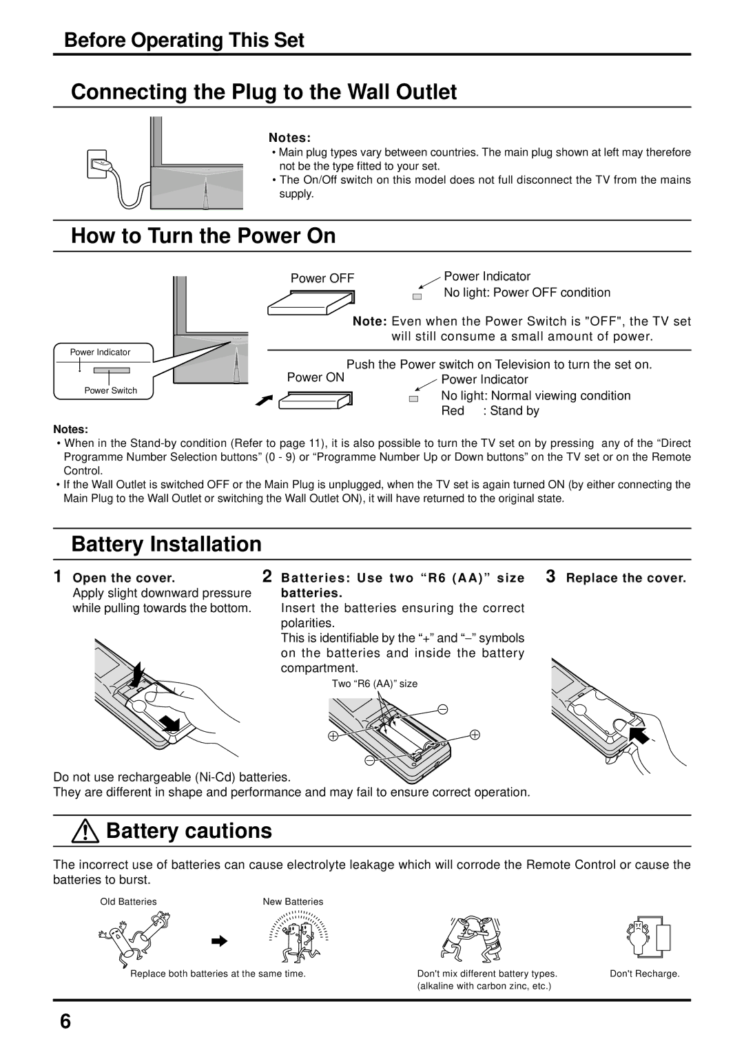 Panasonic TX-43P800X Connecting the Plug to the Wall Outlet, How to Turn the Power On, Battery Installation, Batteries 