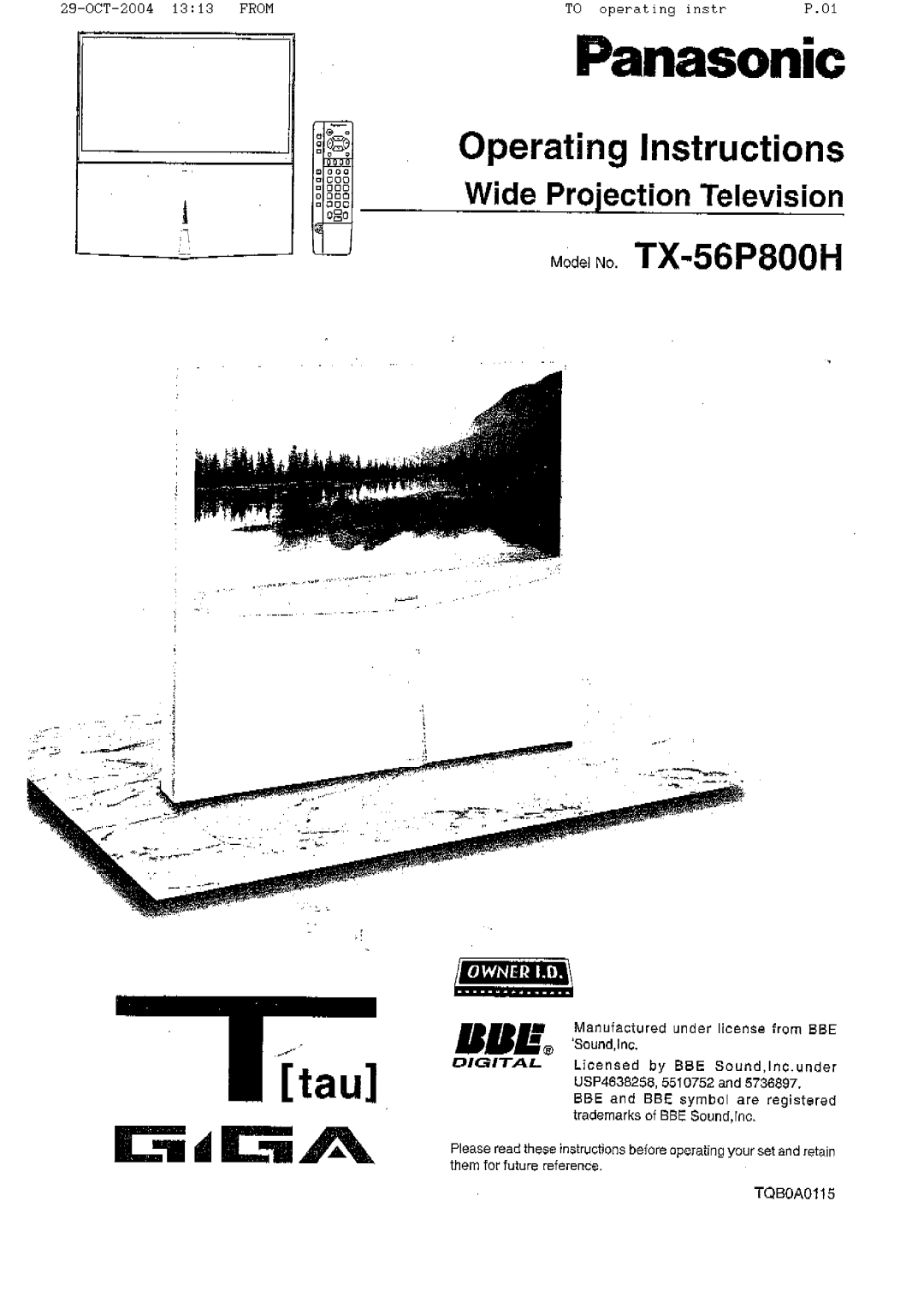 Panasonic TX-56P800H manual 