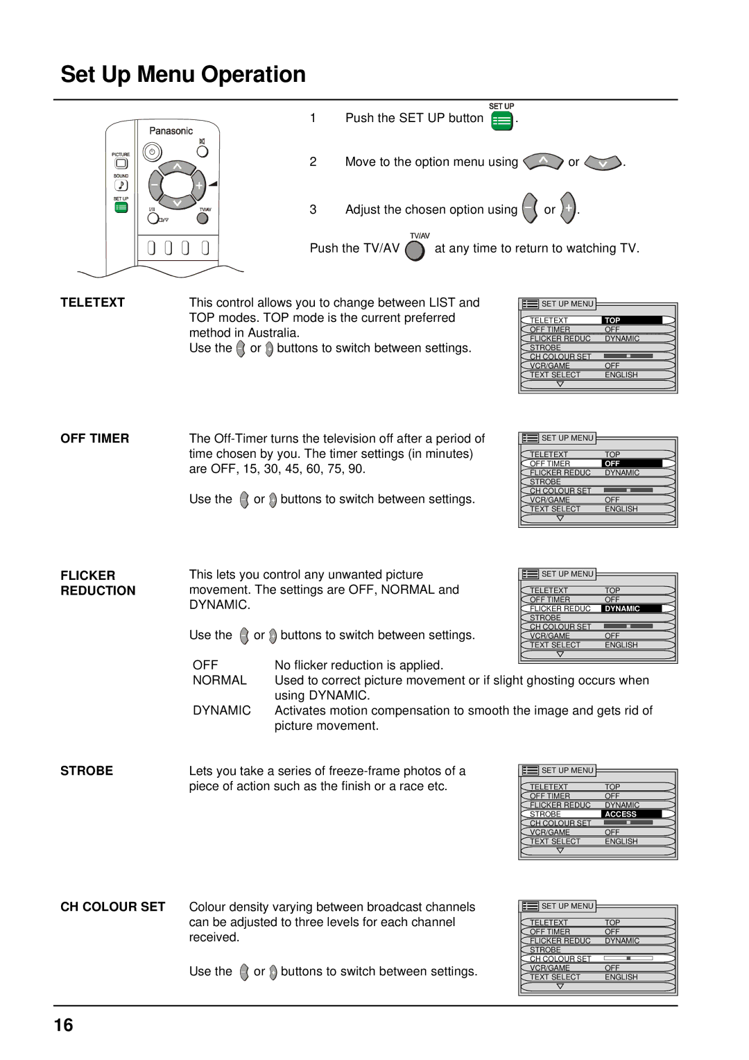 Panasonic TX-68P200A manual Set Up Menu Operation, Teletext OFF Timer Flicker Reduction, Strobe 