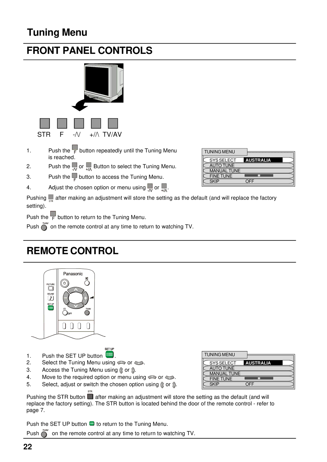 Panasonic TX-68P200A manual Tuning Menu, Front Panel Controls 