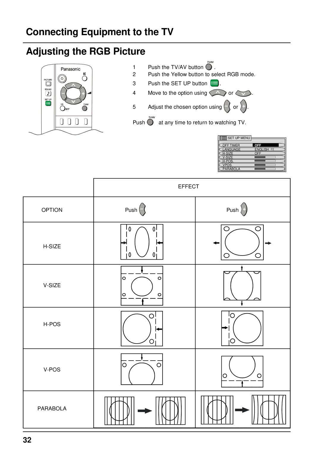 Panasonic TX-68P200A manual Connecting Equipment to the TV Adjusting the RGB Picture, Effect, Option, Size POS Parabola 