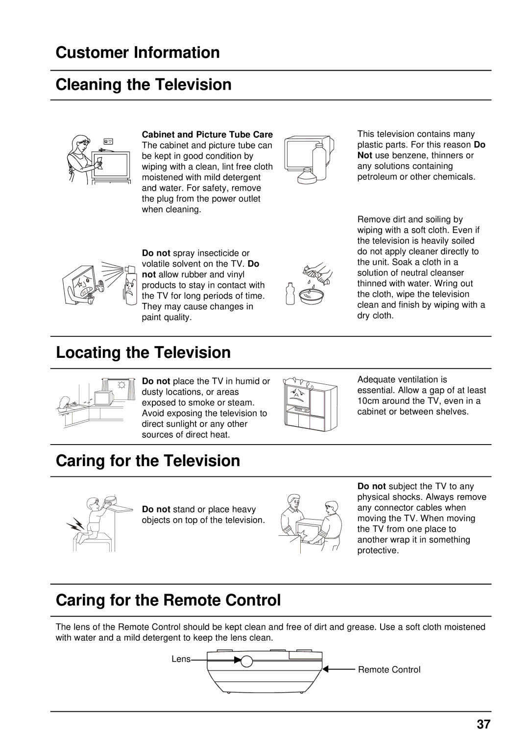 Panasonic TX-68P200A Customer Information Cleaning the Television, Locating the Television, Caring for the Television 