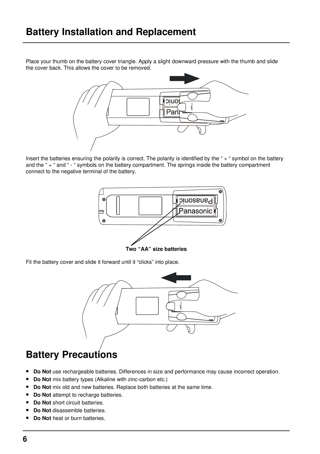 Panasonic TX-68P200A manual Battery Installation and Replacement, Battery Precautions 