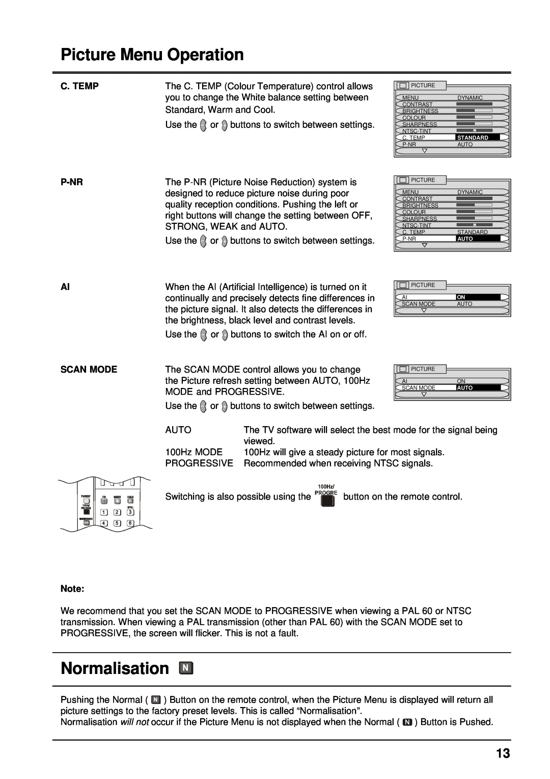 Panasonic TX-68P200A manual Normalisation, Picture Menu Operation, C. Temp, P-Nr, Scan Mode 