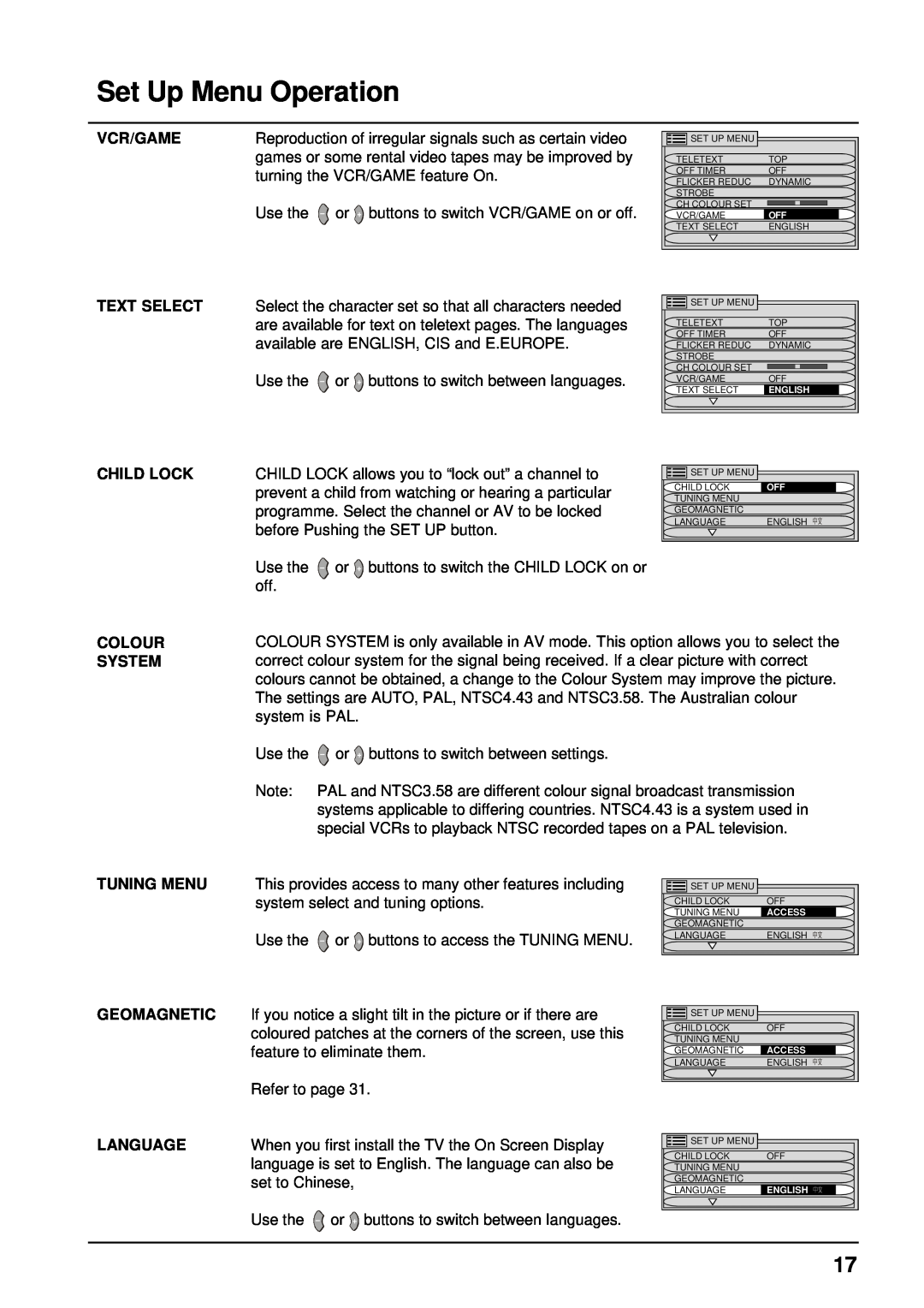 Panasonic TX-68P200A manual Set Up Menu Operation, Vcr/Game, Child Lock, Colour System, Language 