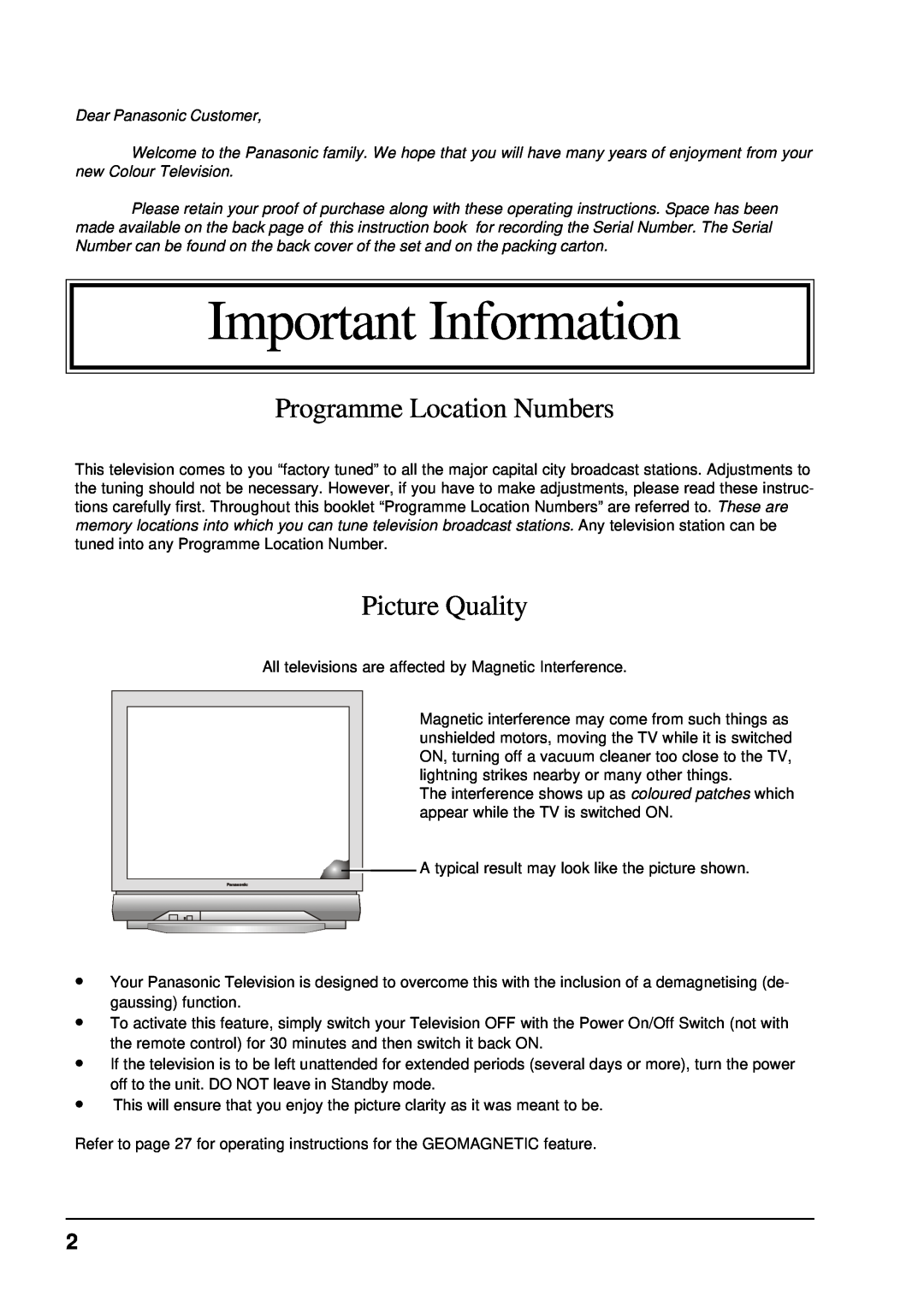 Panasonic TX-68P200A manual Important Information, Programme Location Numbers, Picture Quality 