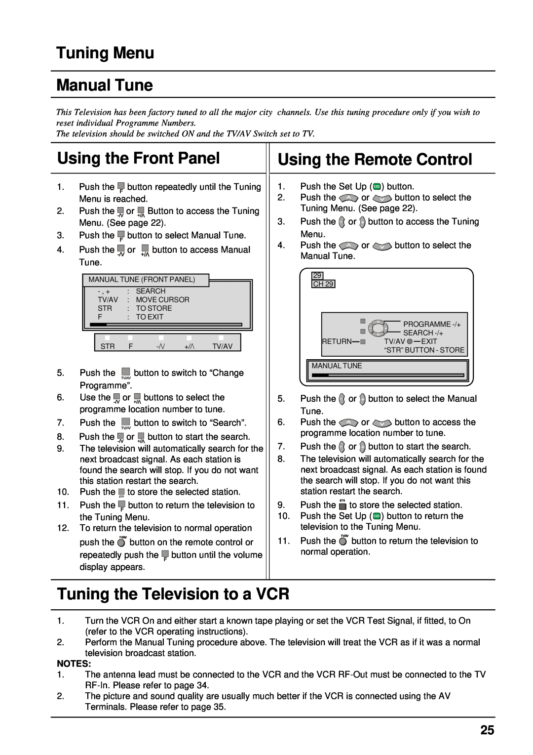 Panasonic TX-68P200A manual Tuning Menu Manual Tune, Tuning the Television to a VCR, Using the Front Panel 