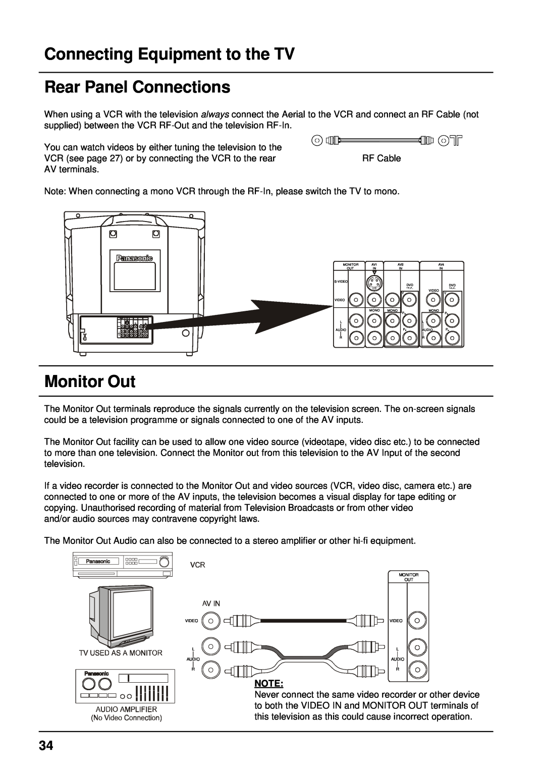 Panasonic TX-68P200A manual Connecting Equipment to the TV Rear Panel Connections, Monitor Out, Video L Audio R 