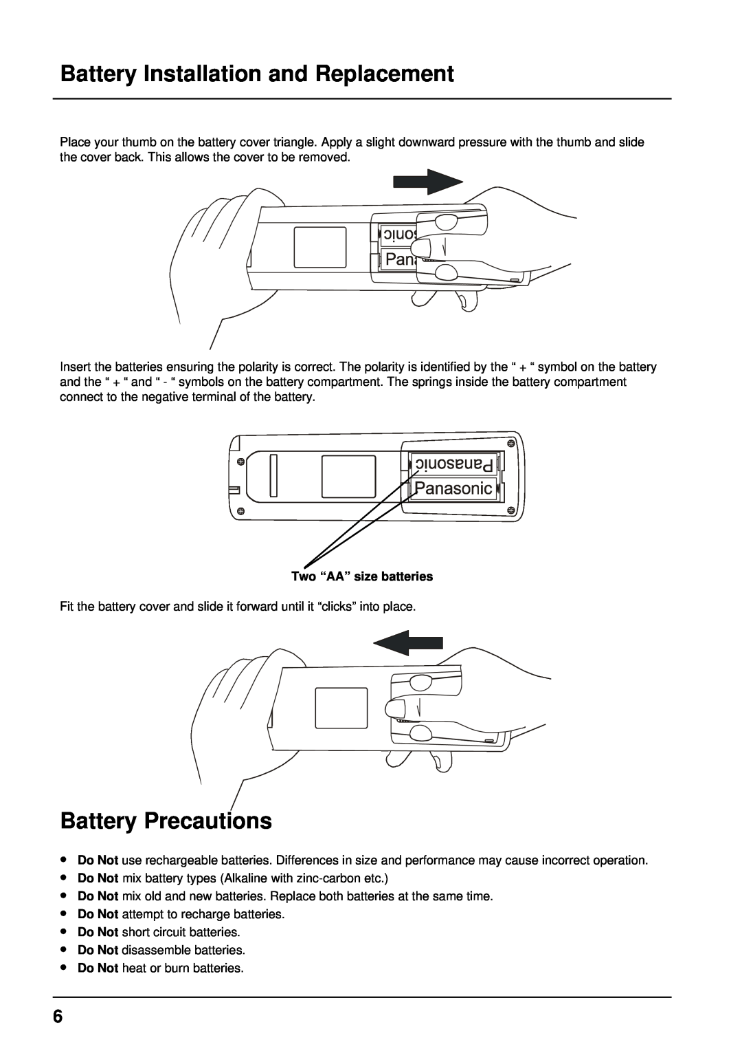 Panasonic TX-68P200A manual Battery Installation and Replacement, Battery Precautions, Two “AA” size batteries 
