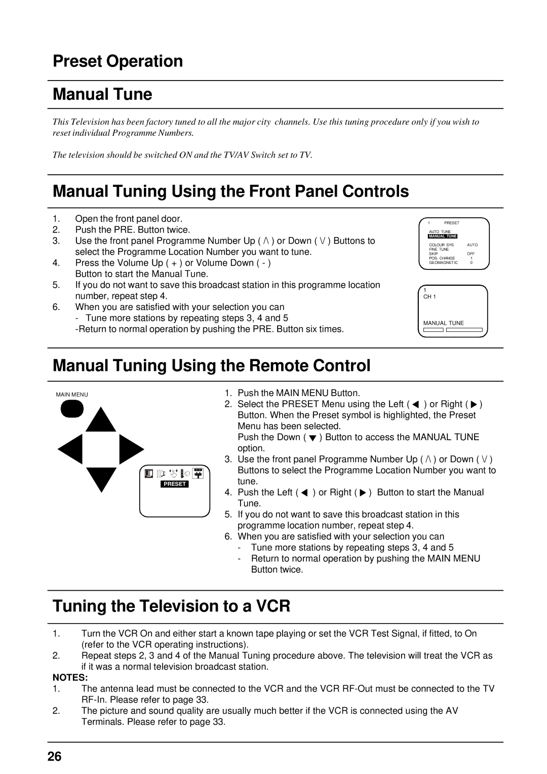 Panasonic TX-68PS13A, TX-68PS12A manual Preset Operation Manual Tune, Manual Tuning Using the Front Panel Controls 