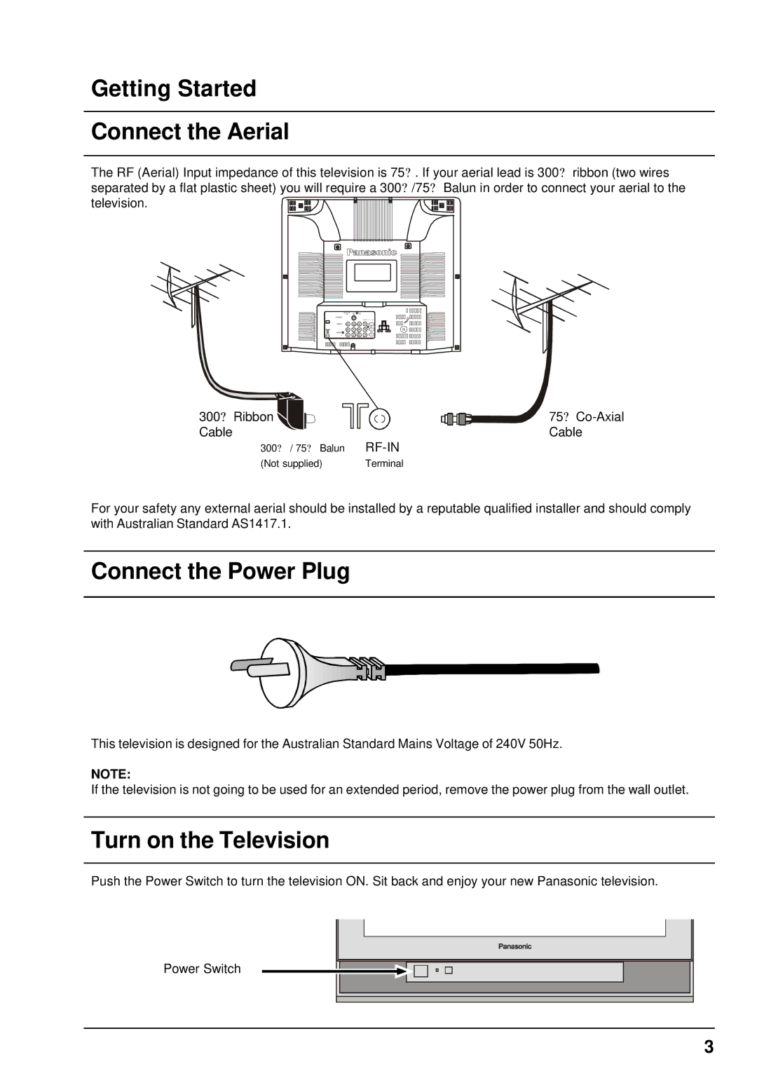 Panasonic TX-68PS12A, TX-68PS13A Getting Started Connect the Aerial, Connect the Power Plug, Turn on the Television, Rf-In 