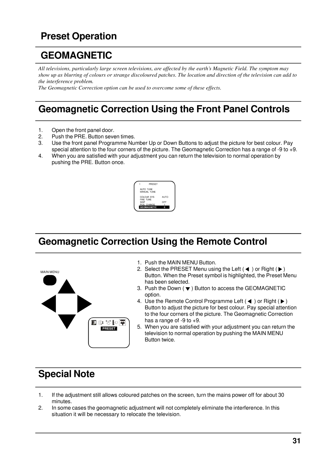 Panasonic TX-68PS12A, TX-68PS13A manual Geomagnetic Correction Using the Front Panel Controls, Special Note 