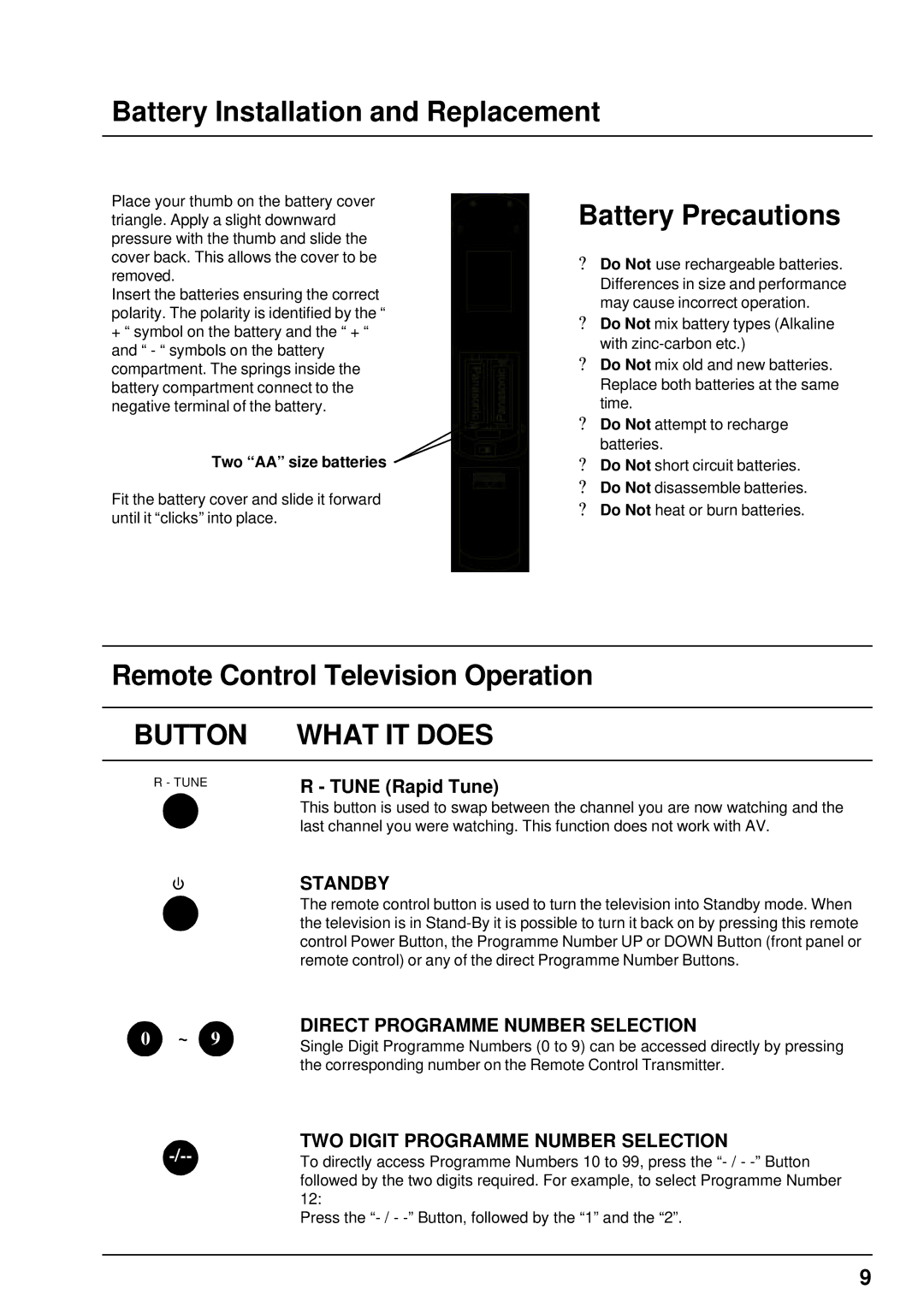 Panasonic TX-68PS12A manual Battery Installation and Replacement, Battery Precautions, Remote Control Television Operation 