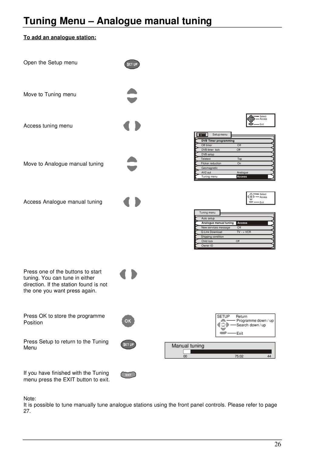 Panasonic TX-76DT30A Tuning Menu Analogue manual tuning, To add an analogue station 