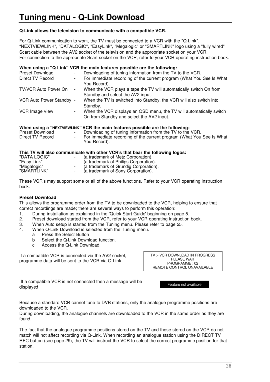 Panasonic TX-76DT30A manual Tuning menu Q-Link Download, Preset Download 