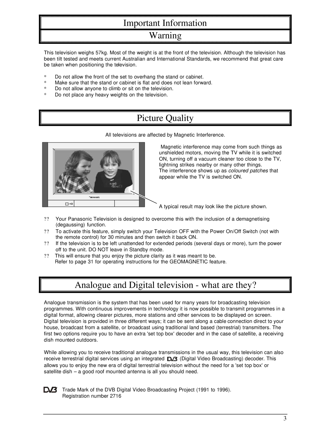 Panasonic TX-76DT30A manual Important Information 