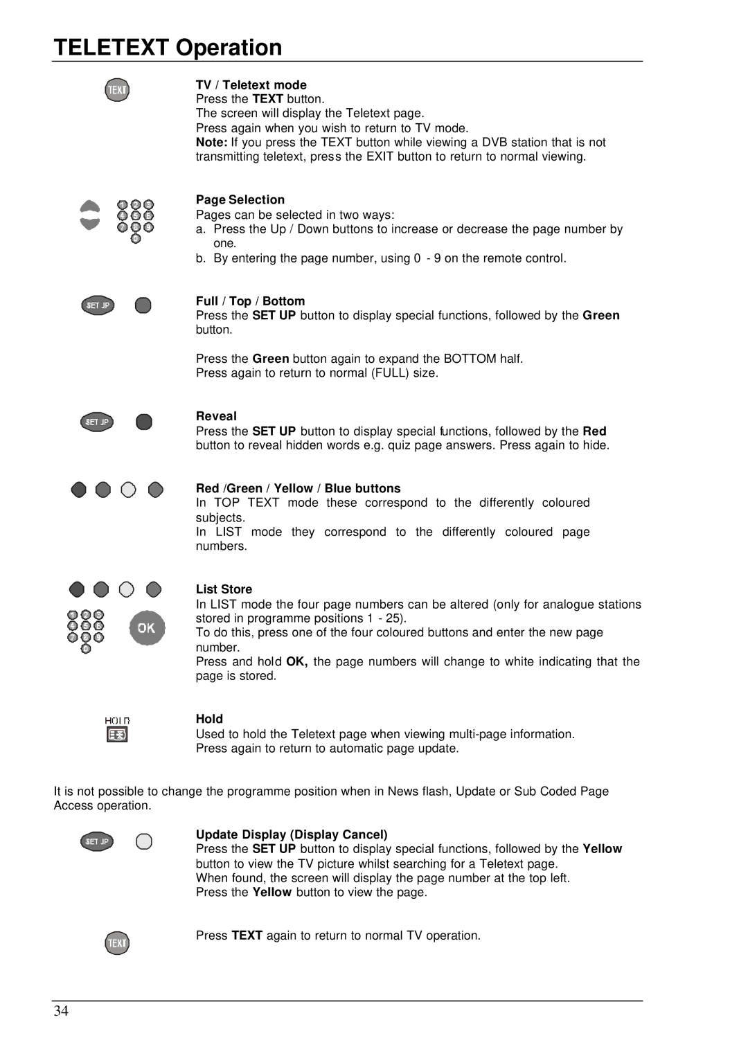 Panasonic TX-76DT30A TV / Teletext mode, Selection, Full / Top / Bottom, Reveal, Red /Green / Yellow / Blue buttons, Hold 
