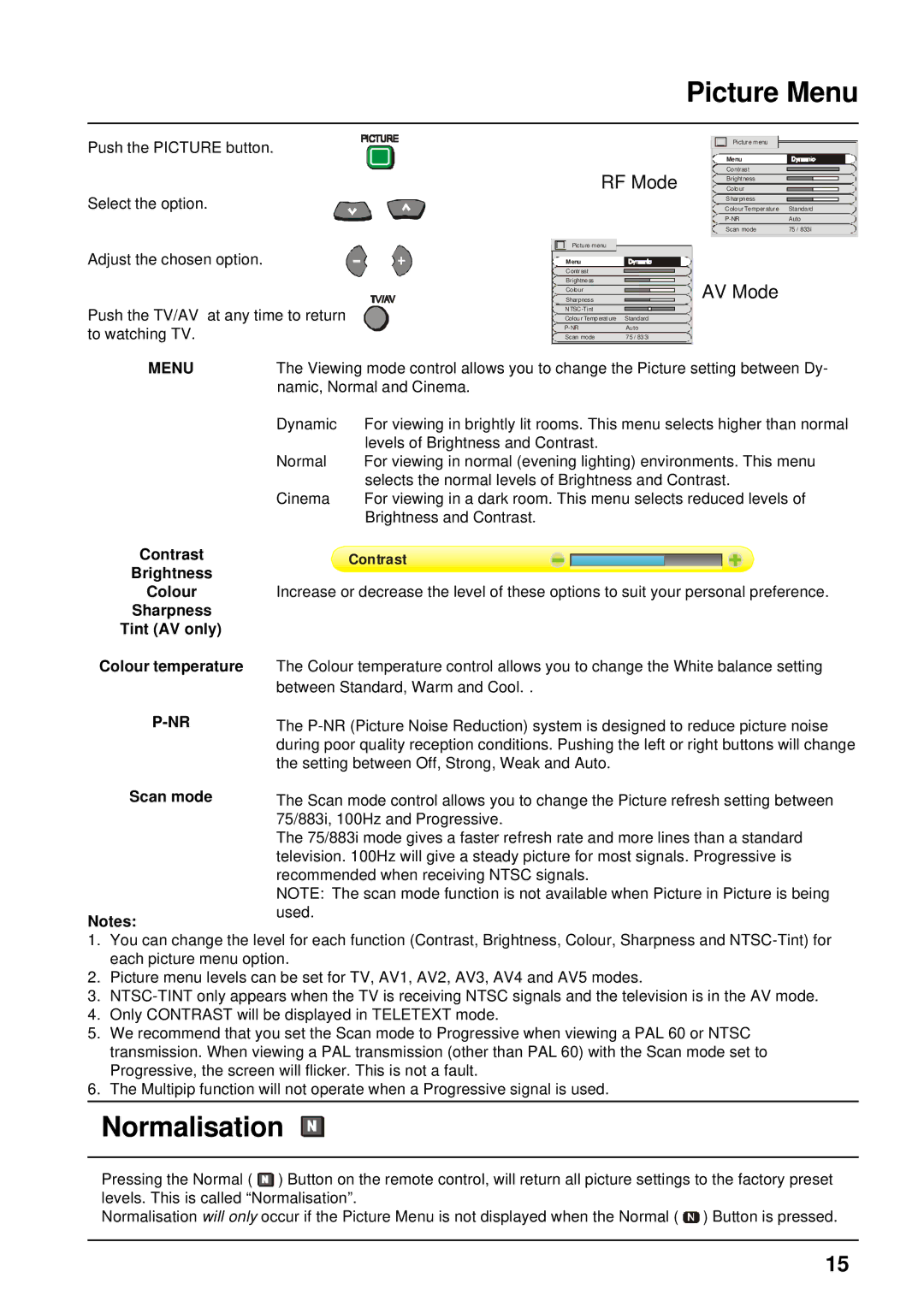 Panasonic TX-86PW300A, TX-76PW300A operating instructions Picture Menu, Normalisation N 