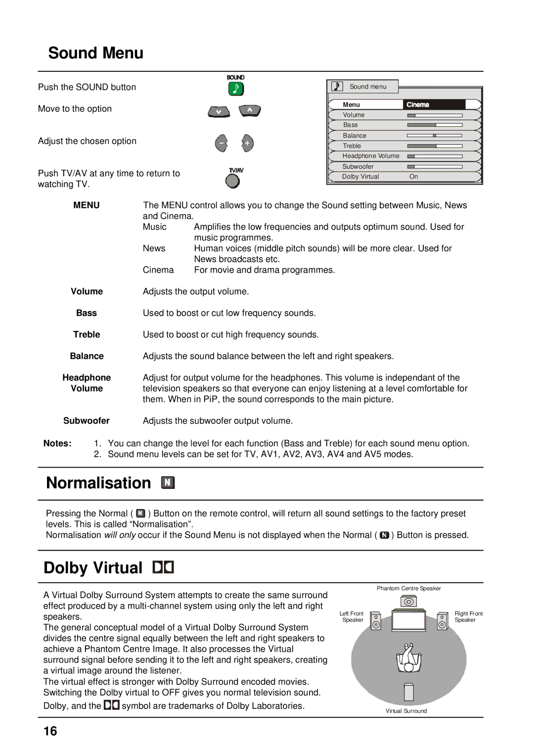 Panasonic TX-76PW300A, TX-86PW300A operating instructions Sound Menu, Dolby Virtual, Bass, Subwoofer 