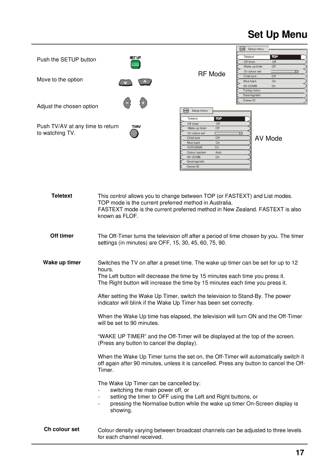 Panasonic TX-86PW300A, TX-76PW300A operating instructions Set Up Menu, Teletext Off timer Wake up timer Ch colour set 