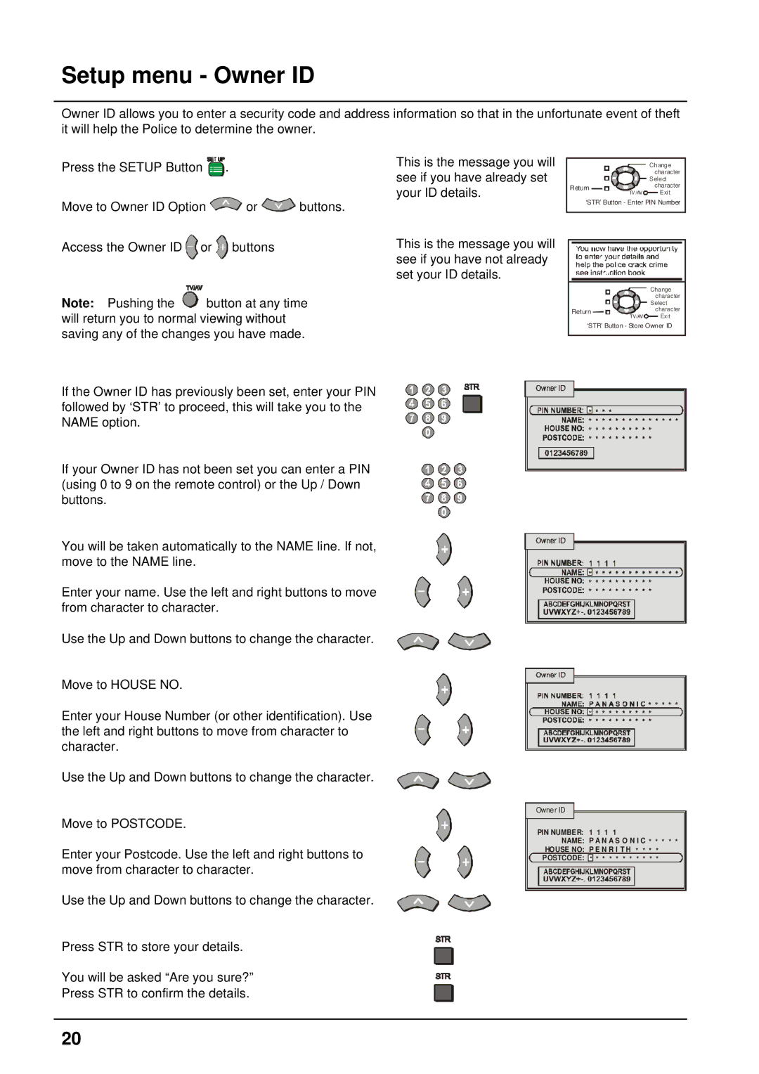 Panasonic TX-76PW300A, TX-86PW300A operating instructions Setup menu Owner ID 